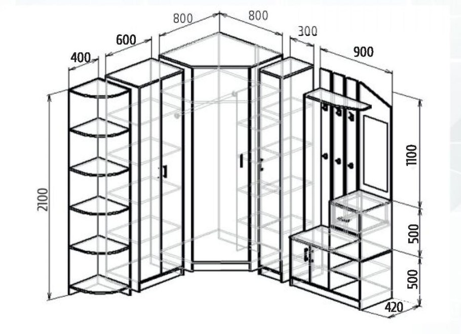 Шкаф угловой двух дверный схема 800х1995х800