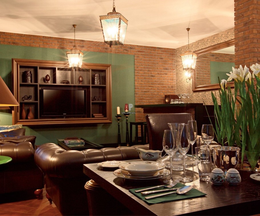 Зеленый с коричневым в интерьере
