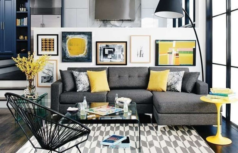 Желто серый интерьер гостиной