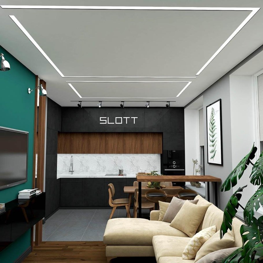 Световые линии на натяжном потолке в гостиной