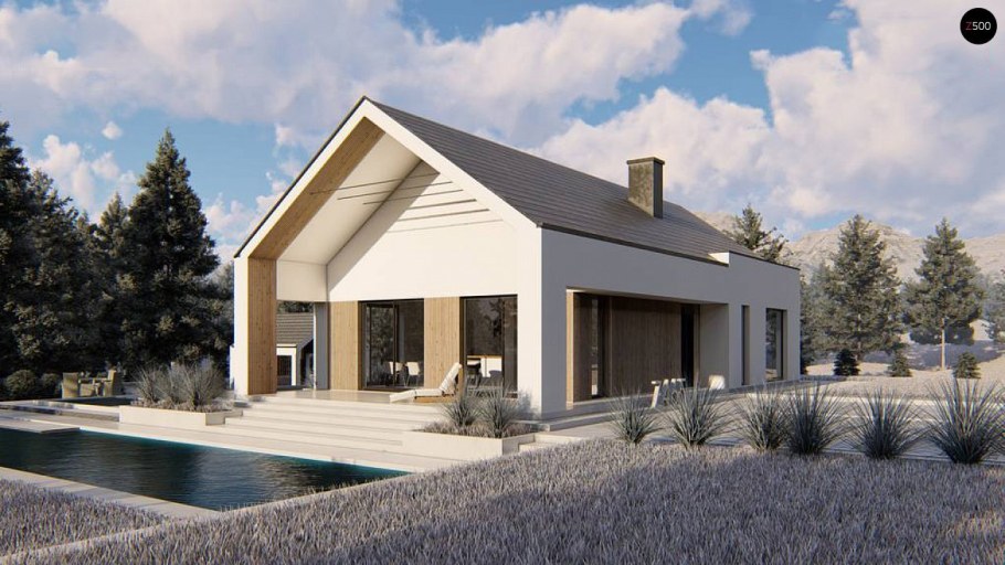 Одноэтажный дом с двускатной крышей