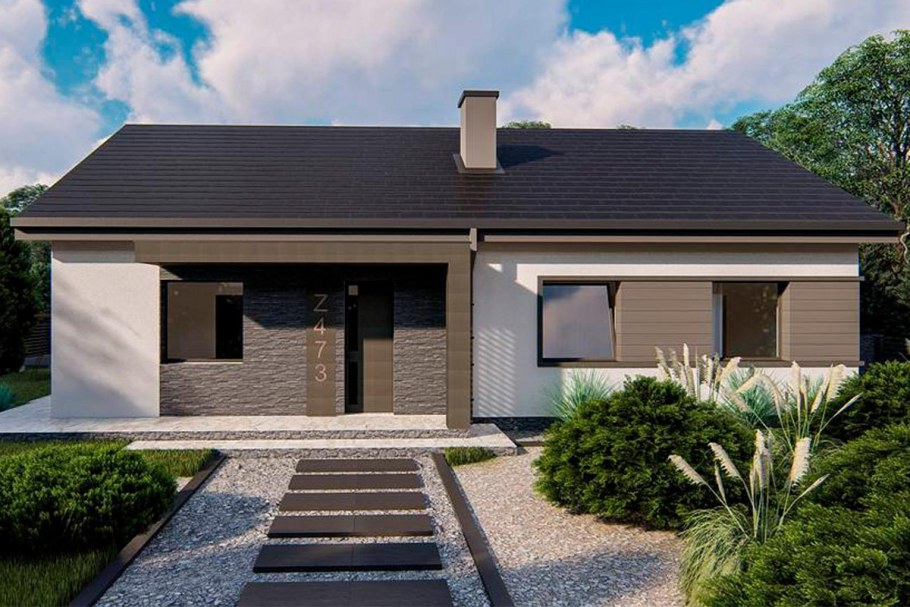 Одноэтажный дом с гаражом с двускатной крышей