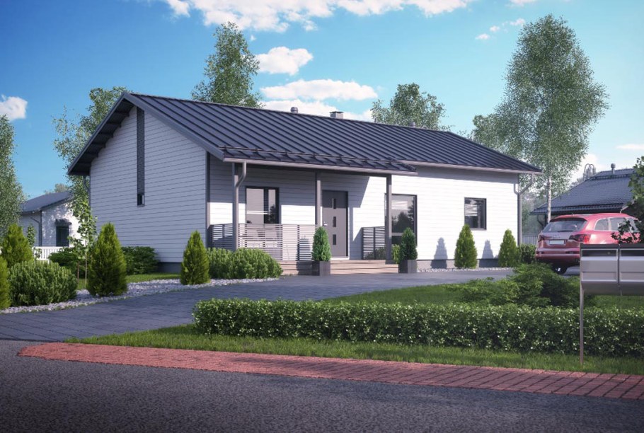 Одноэтажный дом с низкой двускатной крышей