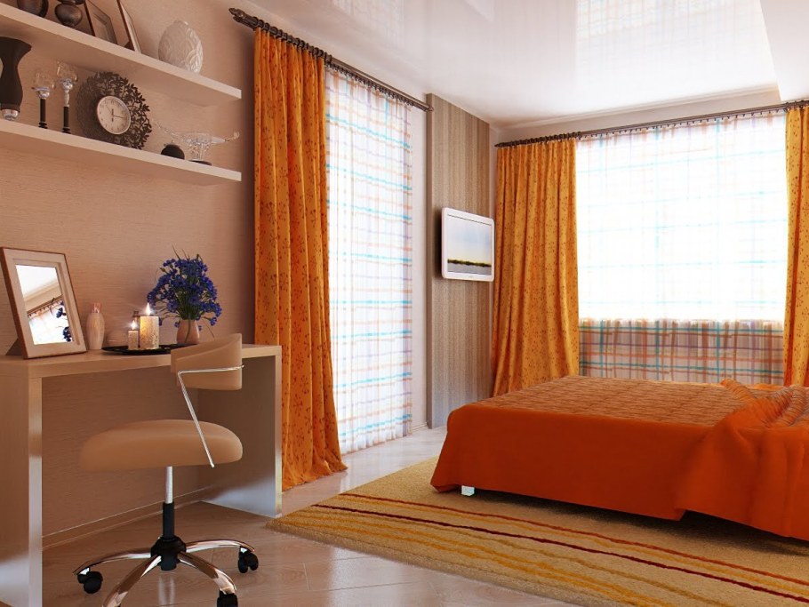 Терракотовые шторы в спальне