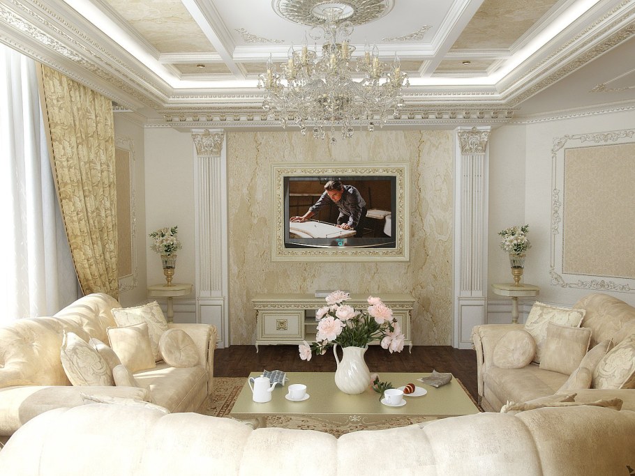 Потолок в гостиной в классическом стиле