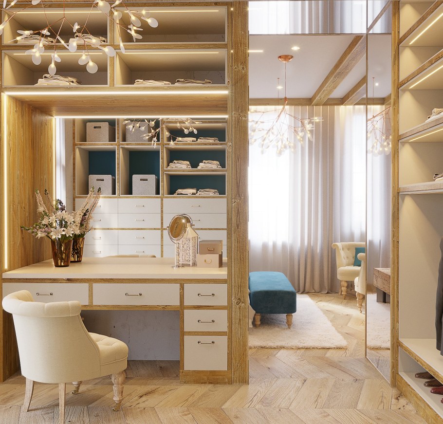 Спальня с гардеробной и рабочей зоной