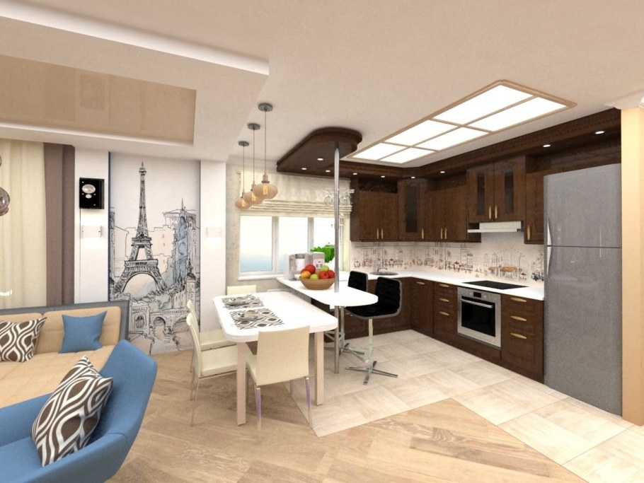 Кухня студия с гостиной