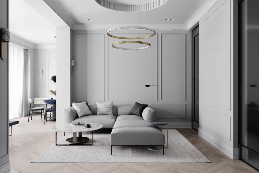 Гостиная с молдингами в современном стиле