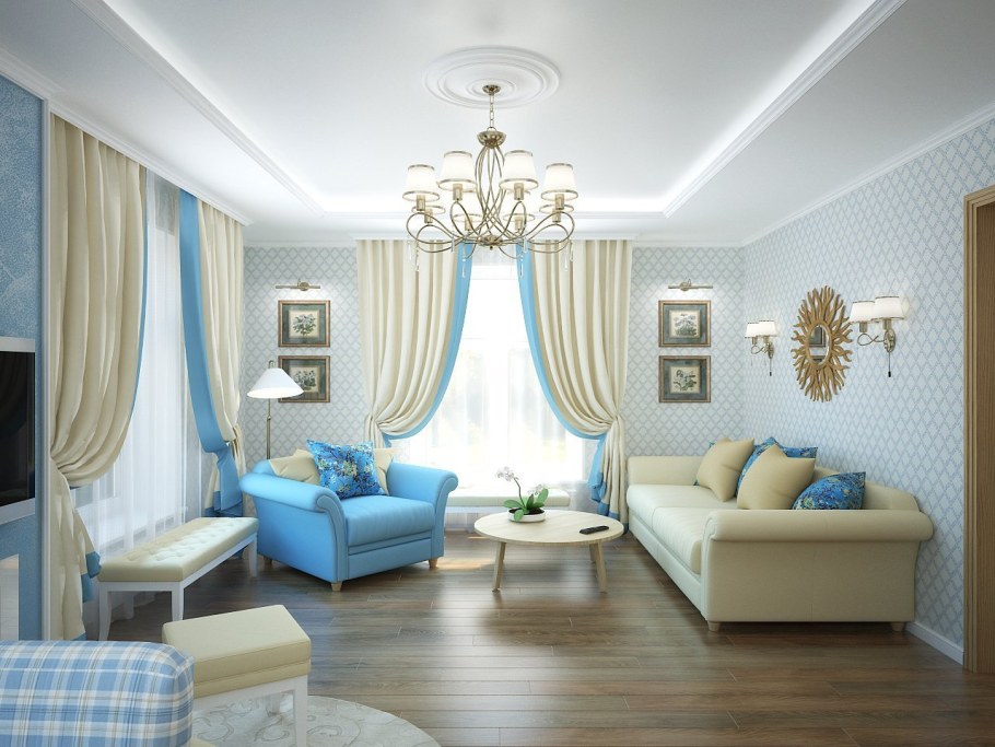 Гостиная в бежево голубых тонах