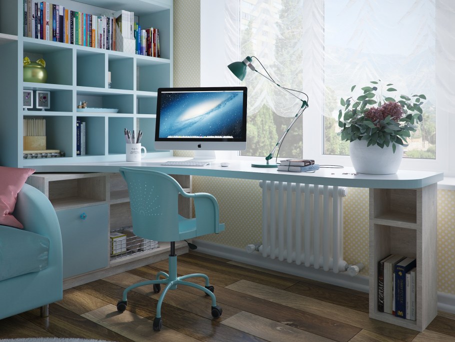 Стол у окна с полками