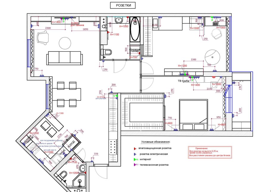 Схема расстановки выключателей и розеток