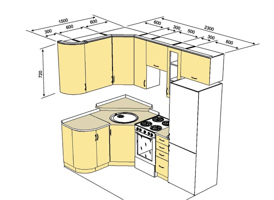 Планировка угловой кухни