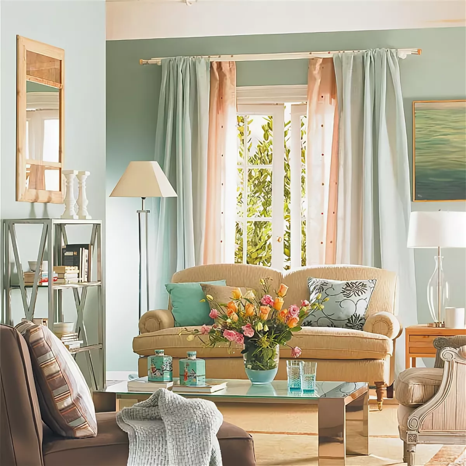 Сочетание голубого и персикового в интерьере