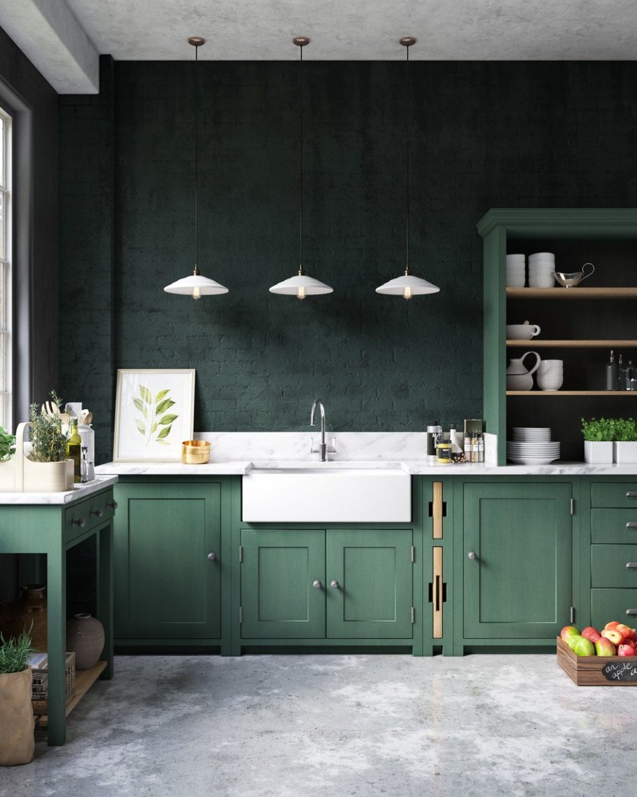 Темно зеленая кухня лофт
