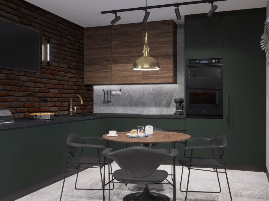 Кухня в стиле лофт изумрудного цвета