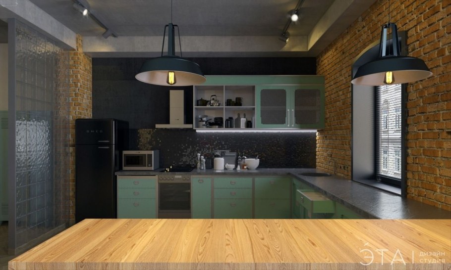 Темно зеленая кухня лофт