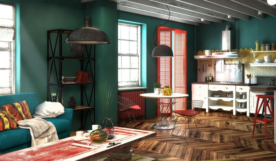 Гостиная лофт с зеленым