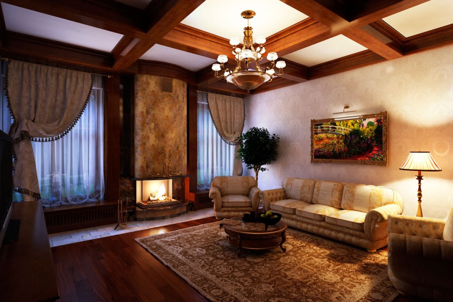 Гостиная с камином в частном доме
