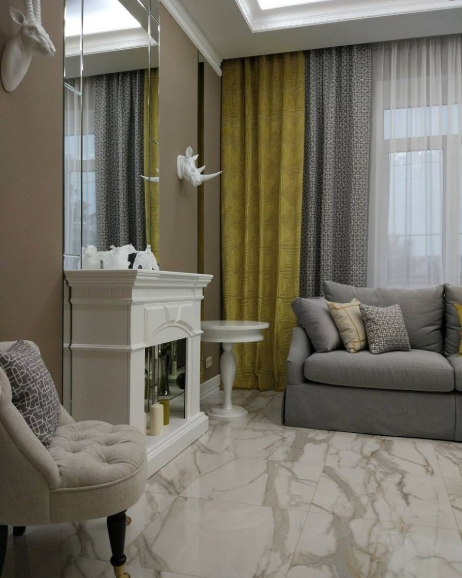 Шторы серые с бежевым