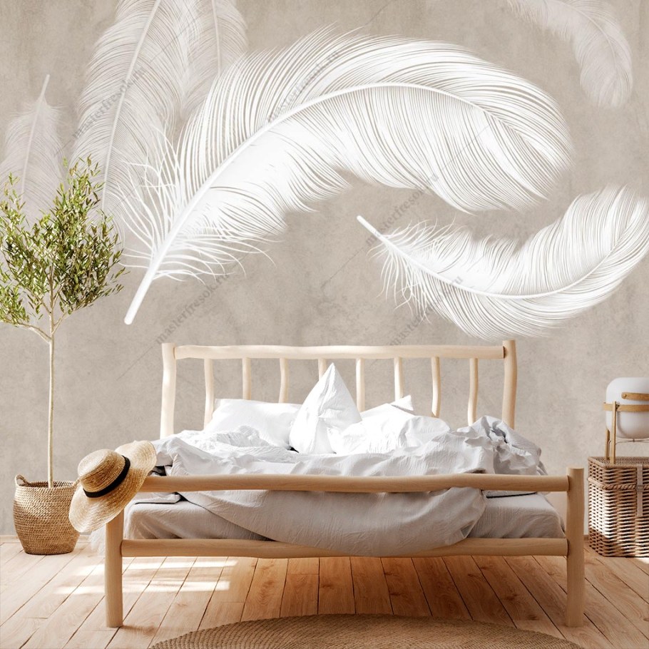 Фотообои белые перья в интерьере