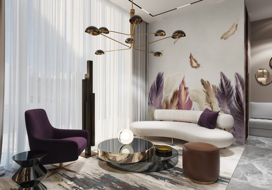 Обои с перьями в интерьере гостиной