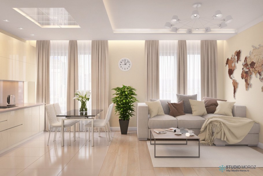 Кухня гостиная в светлых тонах