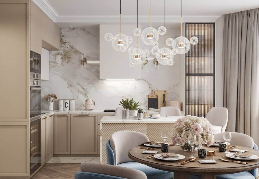 Пудровая кухня в интерьере