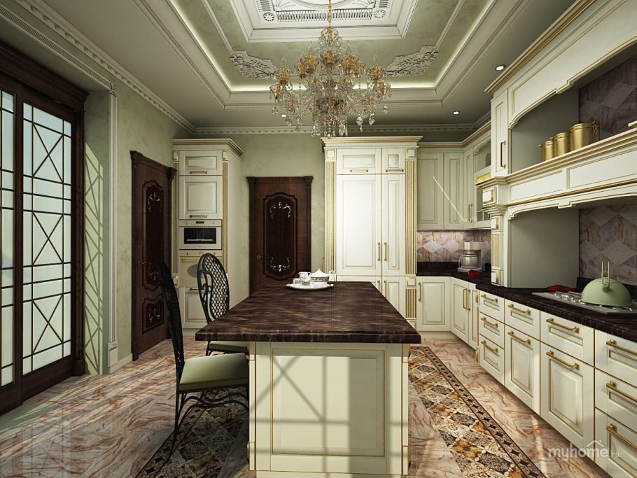 Кухня гостиная в классическом стиле оливкового цвета