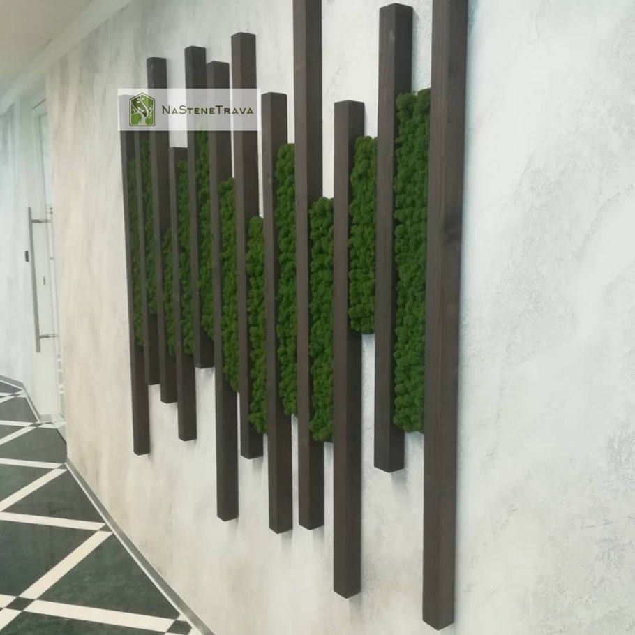 Деревянные рейки и мох в интерьере