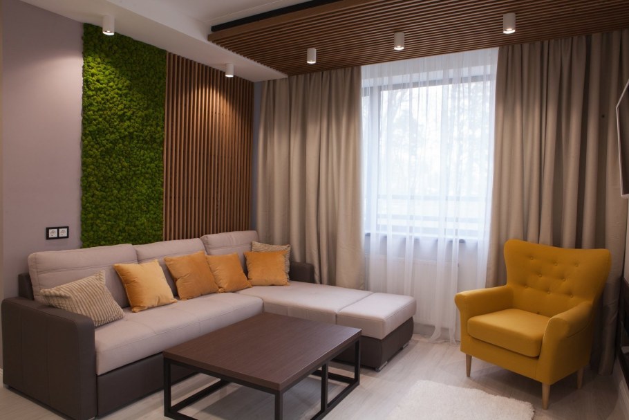 Стабилизированный мох в интерьере гостиной