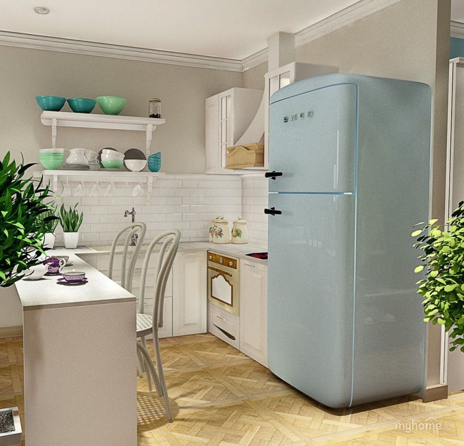 Голубой холодильник в интерьере