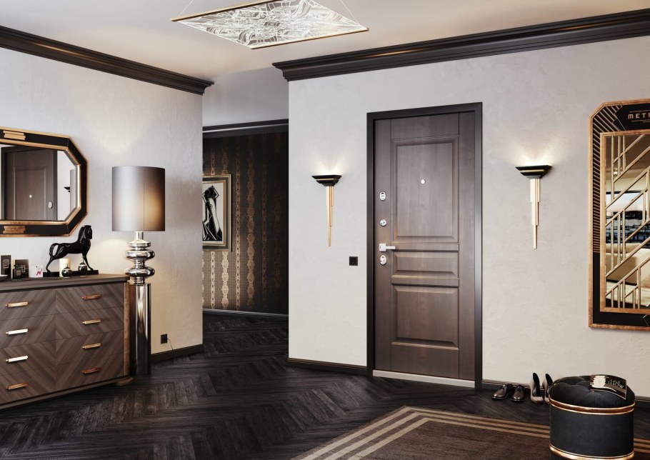 Коричневая дверь с золотом в интерьере