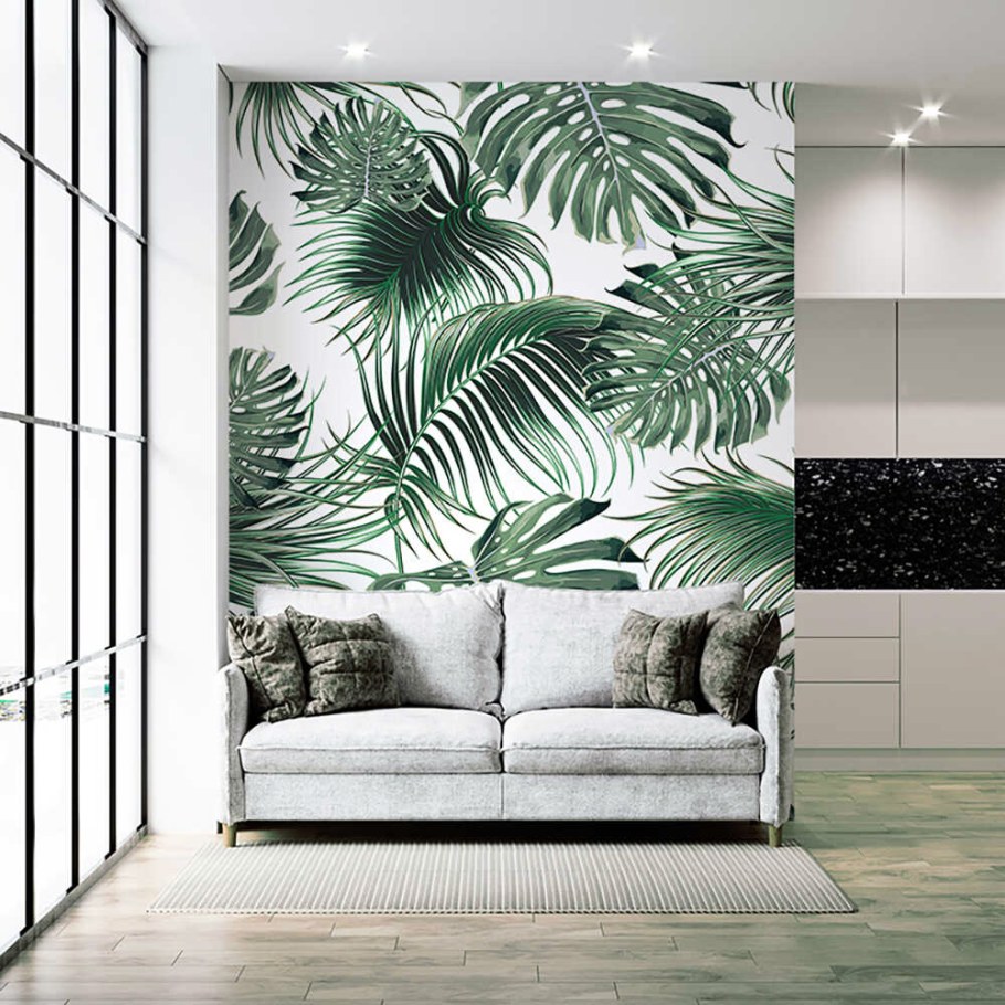 Обои листья папоротника в интерьере гостиной