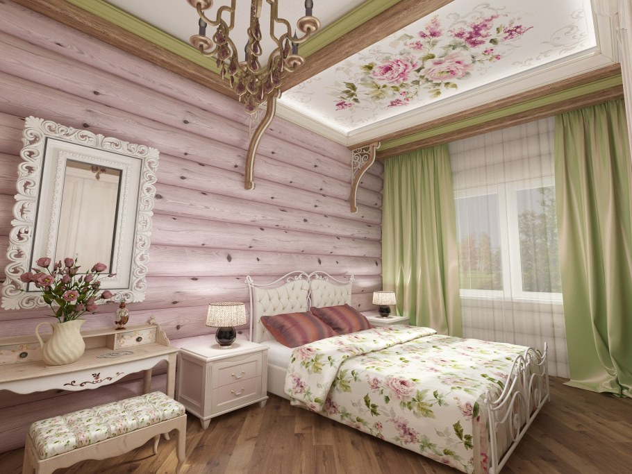 Спальня в прованском стиле в деревянном доме