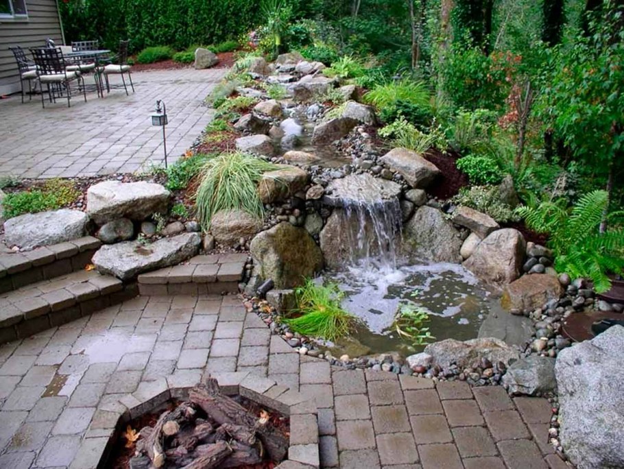 Водопад, сухой ручей, прудик