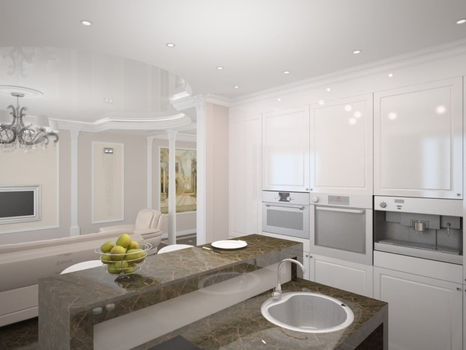 Белая кухня гостиная