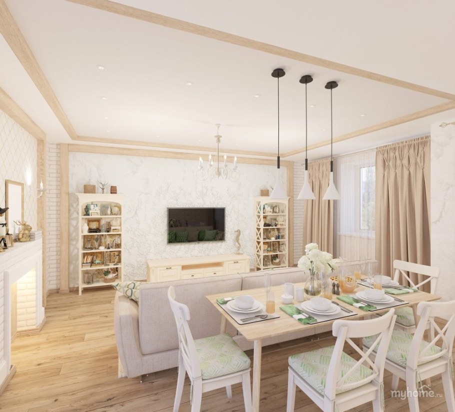 Гостиная совмещенная с кухней в светлых тонах