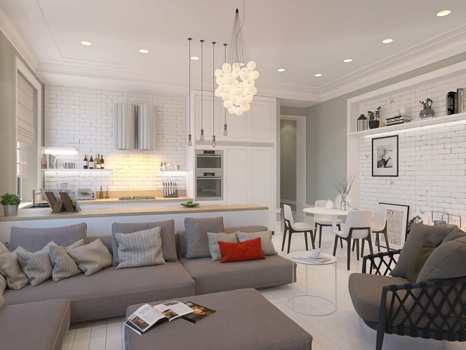 Кухня гостиная в Светлом стиле