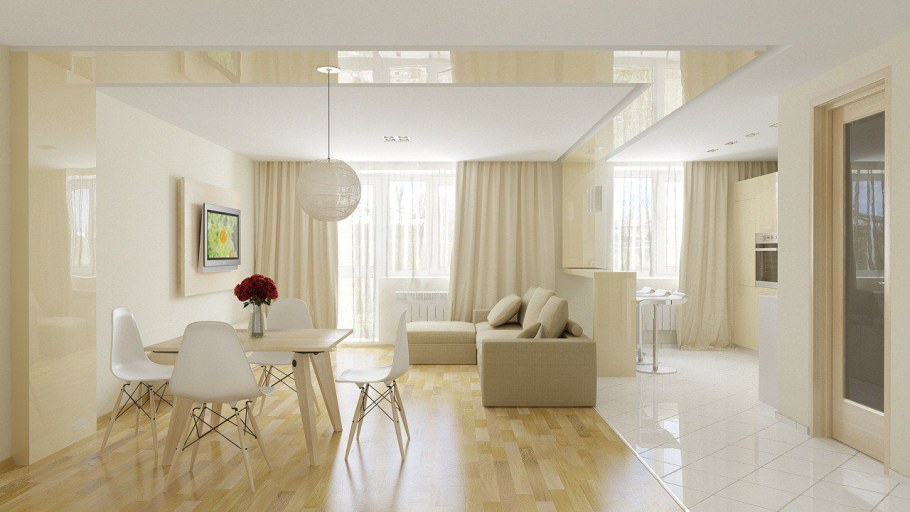 Светлая гостиная совмещенная с кухней