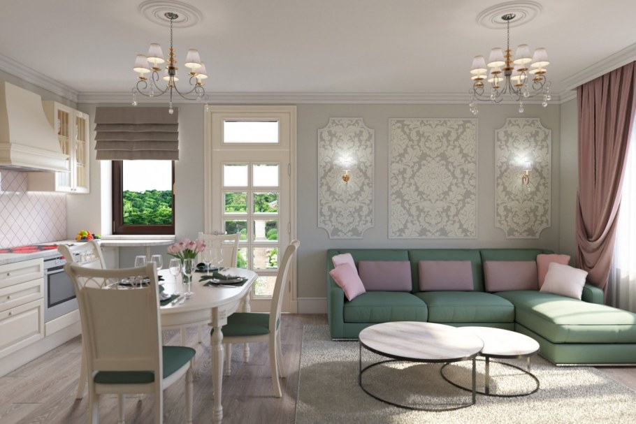 Интерьер кухни-гостиной в частном доме в светлых тонах