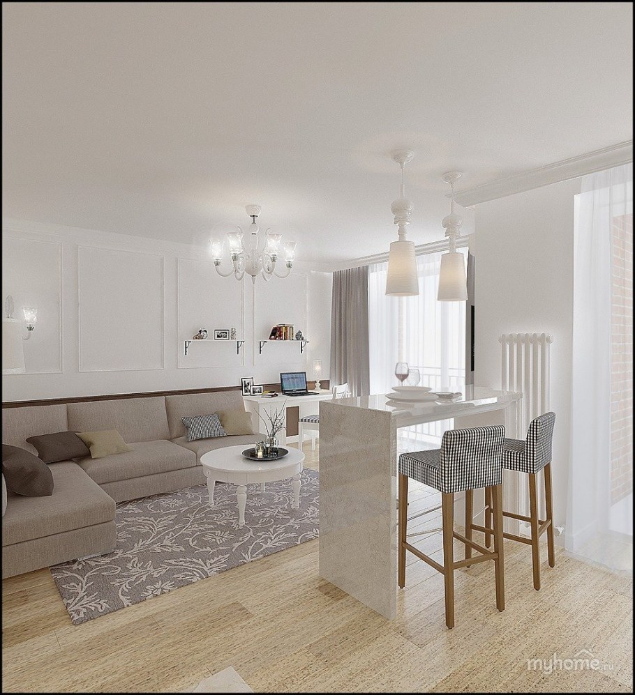 Кухня гостиная в светлых тонах в современном стиле
