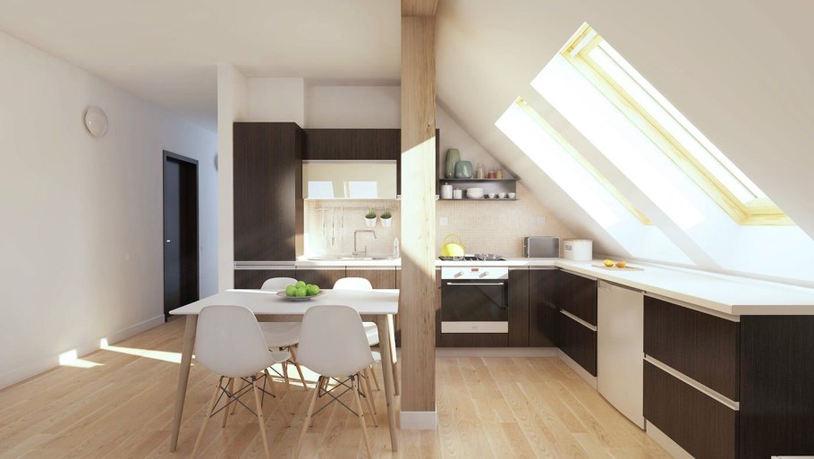 Кухня со скошенным потолком