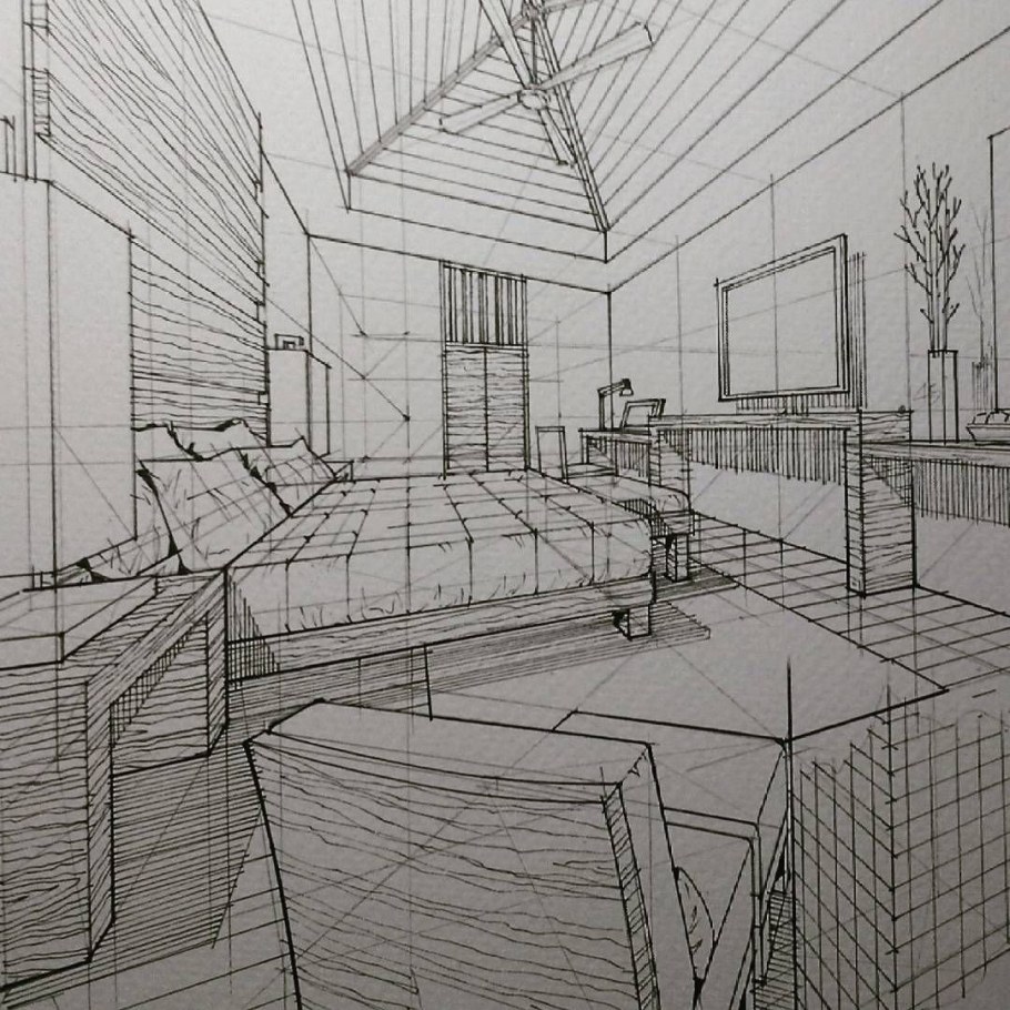 Угловая перспектива интерьера скетч