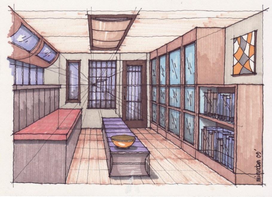 Линейная перспектива фронтальная скейч интерьер