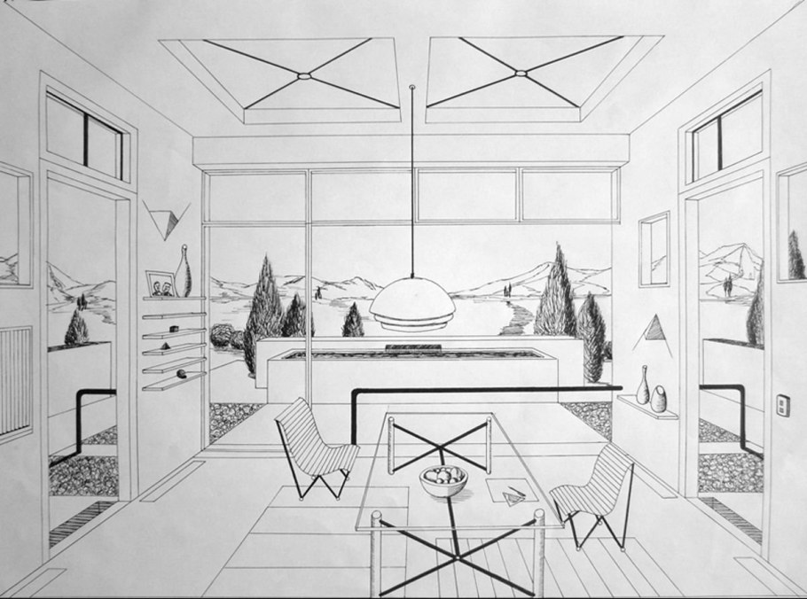 Угловая перспектива интерьера скетч