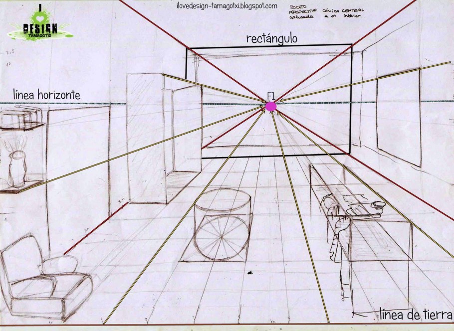 Перспектива интерьера комнаты с двумя точками схода