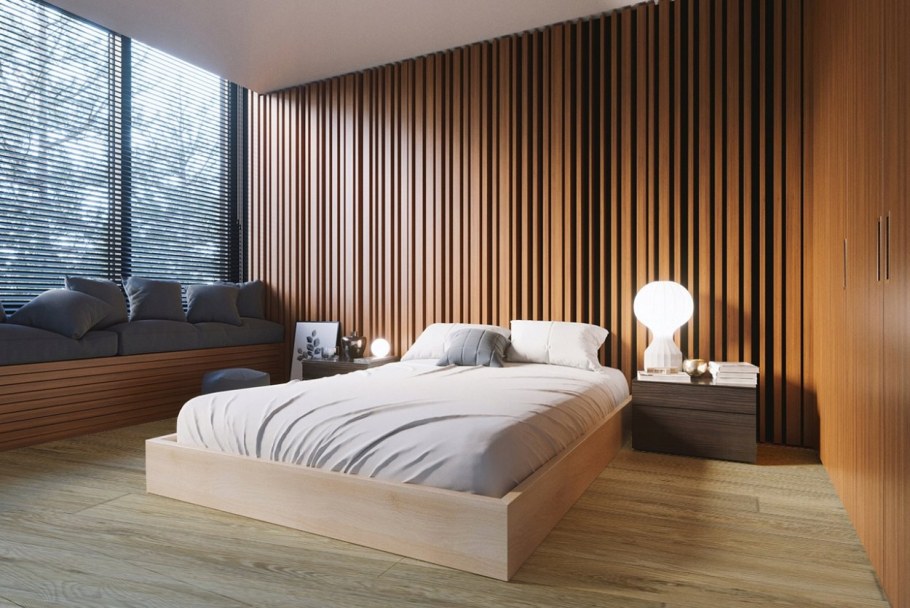 Спальня с деревянными рейками на стене