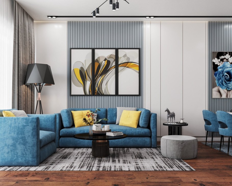 Гостиная в серых тонах с яркими акцентами