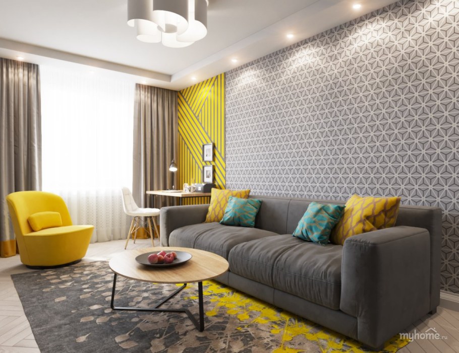 Серая гостиная с желтыми акцентами