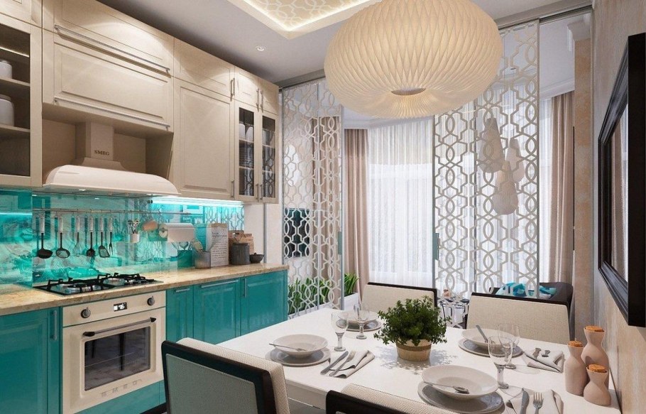 Кухня в бежево бирюзовых тонах